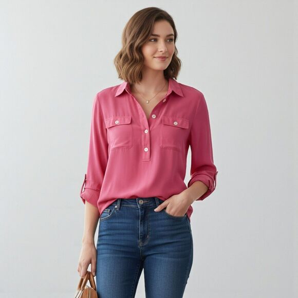 Banana Republic Factory Silk Polo Blouse M Pink - Picture 1 of 16